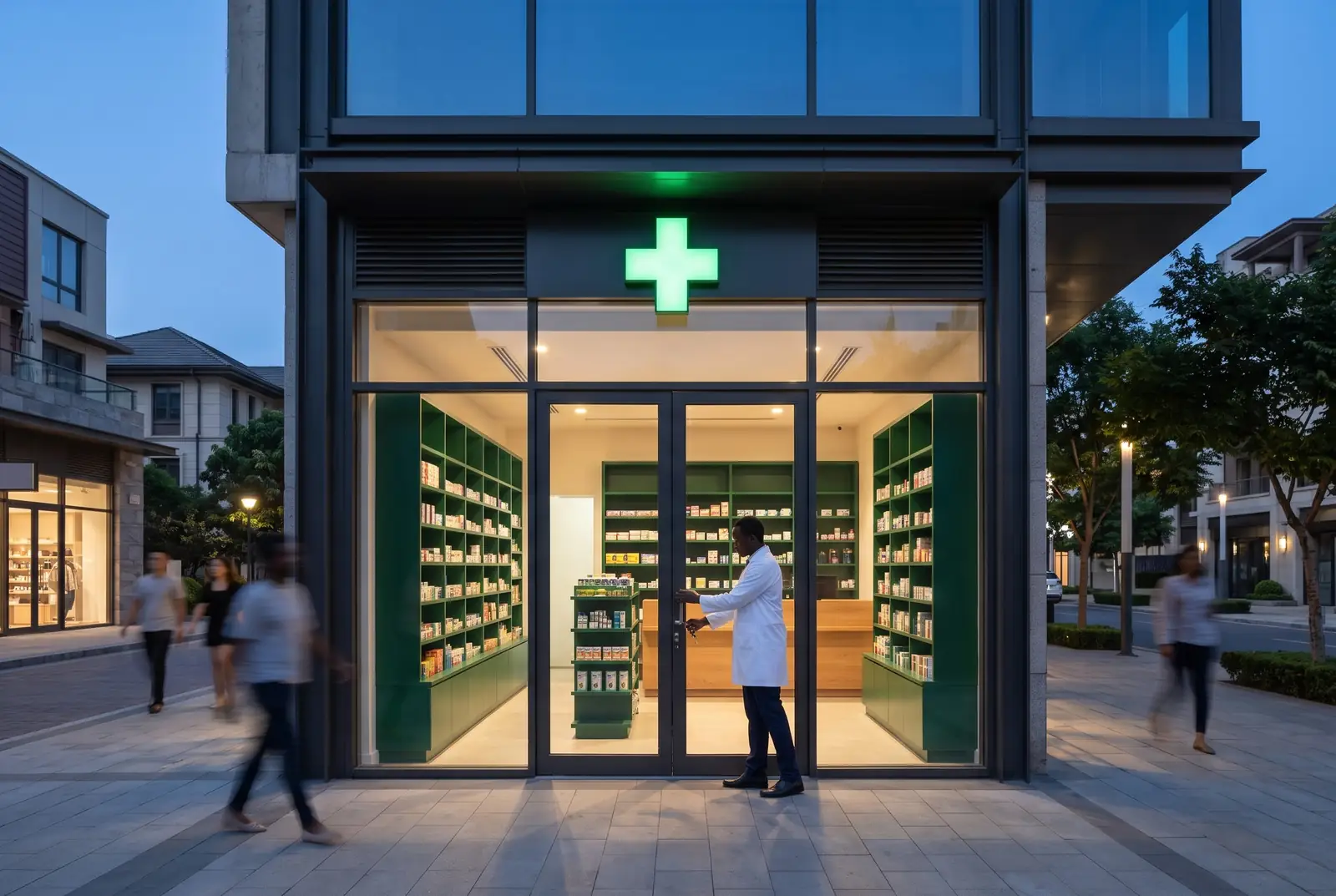A pharmacist locks the glass door of a lit pharmacy at dusk.